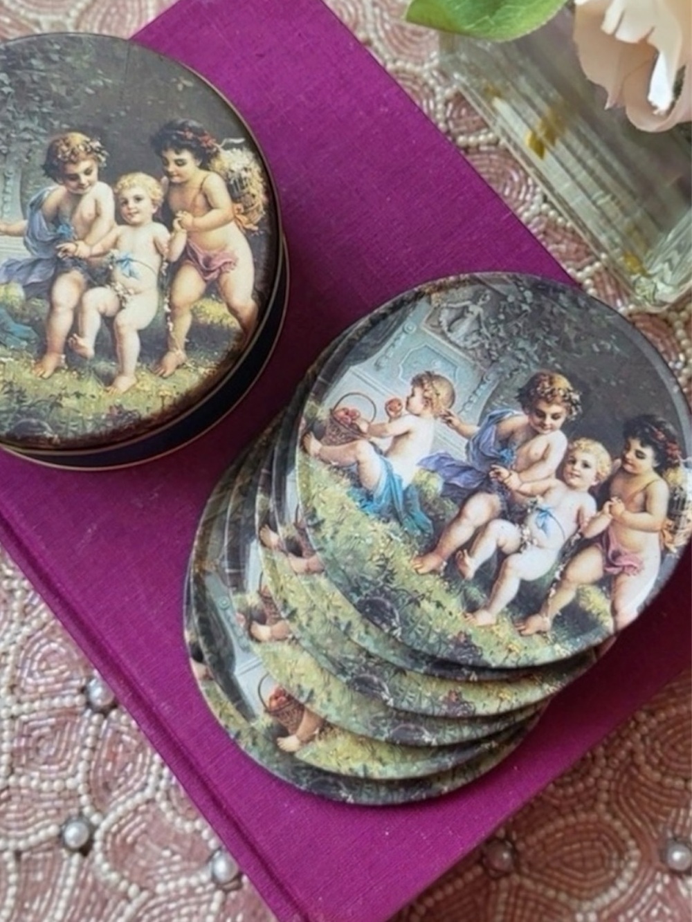 Vintage Cherub Coasters Tin Set 1995 Trippie’s Victorian Cottagecore Decor - Picture 7 of 7